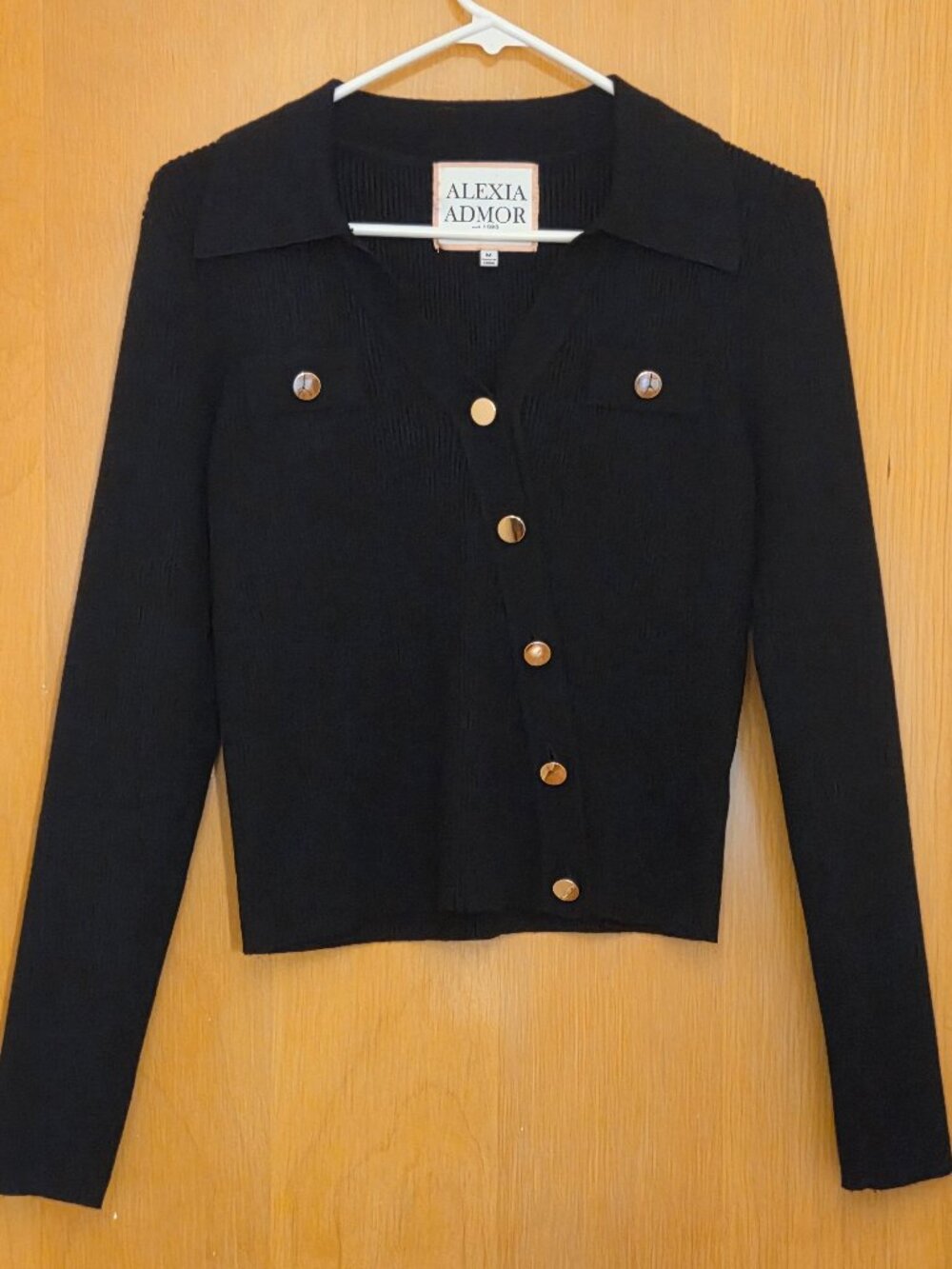 Alexia Admor Cardigan Sweater Womens M Black Asymmetric Gold Buttons Old Money
